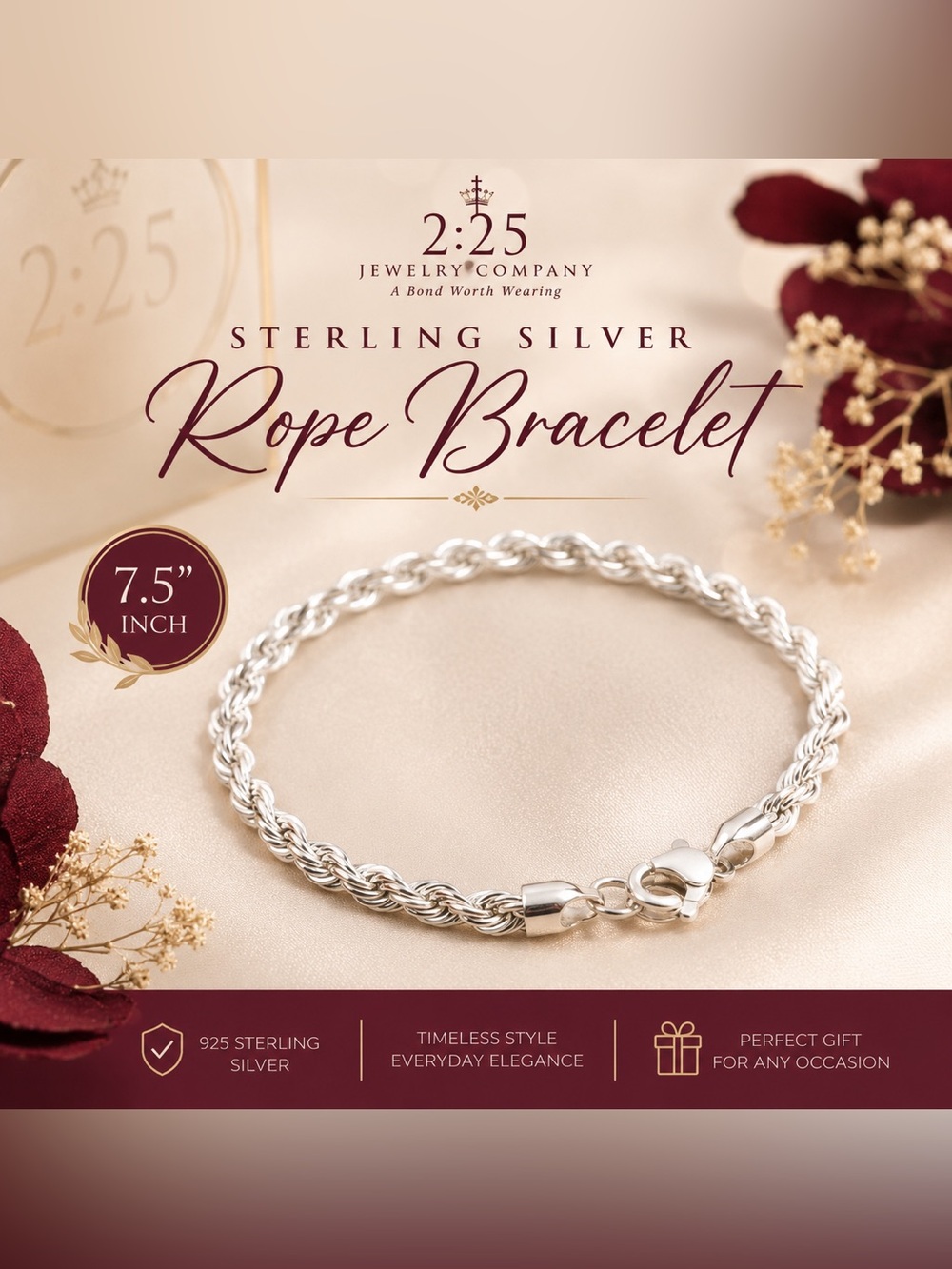 Sterling Silver Rope Chain Bracelet- Silver